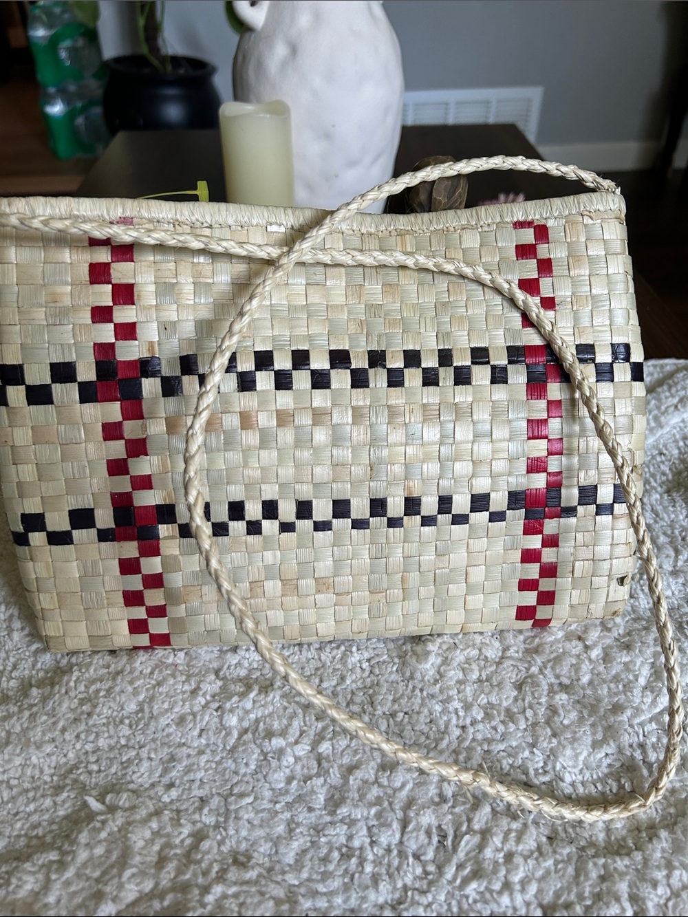 Woven Straw Shoulder Bag in Natural with Red & Black Accents